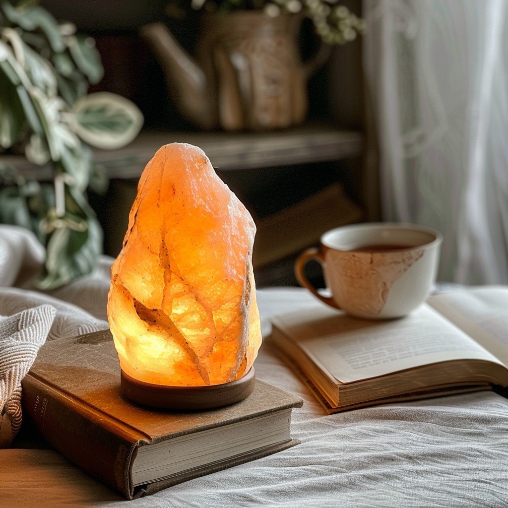 Warm amber salt lamp casting soft light in a cozy reading corner, symbolizing healing and calm.